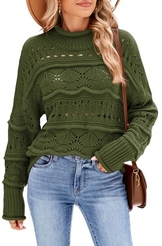 ZAFUL Women's Sweaters Turtleneck Crochet Hollow Out Long Sleeve Sweater Cute Fall Winter Casual Pullover Jumper Tops Army Green 2XL