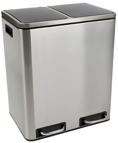 KARAT Mülleimer Küche 2×15L Edelstahl | 2-Fach Mülltrennsystem, Treteimer Küche, Metall, Soft-Close, luftdicht, Kunststoff-Inneneimer, Klappdeckel – (Felix)