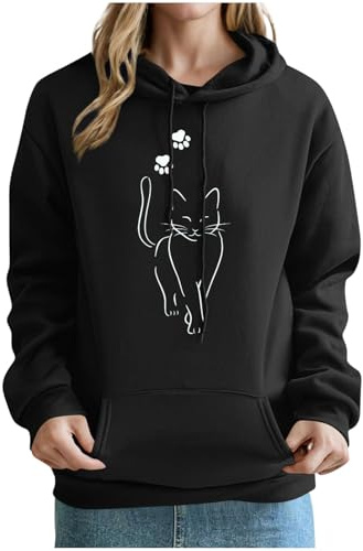 KOG Hoodie für Damen Elegant Sweatshirt mit Kapuze Katzen-Drucken Hoodies Warme Oberteil Frauen Bekleidung Winter Oberteile Mode 2025 Kleidung Katzen-Print Locker Warmes Pullover