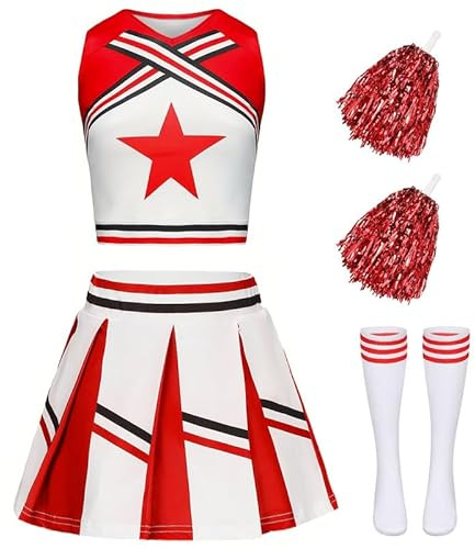 XFOZDM Costume da cheerleader per bambini, da cheerleader, per ragazze, da cheerleading, uniforme, con pompon e calze, costume di carnevale, Halloween, cosplay, feste, rosso, 160
