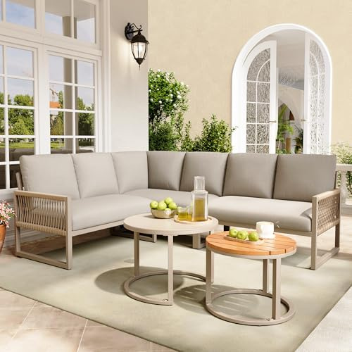 TOBIDOEN Garten Lounge Set für 6-7 Personen, Ecksofa mit Verzinktem Eisengestell und Verstellbaren Beinen, Inklusive Sitz- und Rückenkissen, Wetterfestes Seilgeflecht am Armlehne, A - Beige