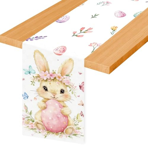 Ostern Hasen Tischläufer,Tischläufer Ostern mit Hasen Eiern,Frühlings Blumen Osterei Tischdecke,Waschbar Girlandenhase SaisonnalTischläufer,für Osterdeko Tisch Küche Esszimmer Wohnkultur（33x183）