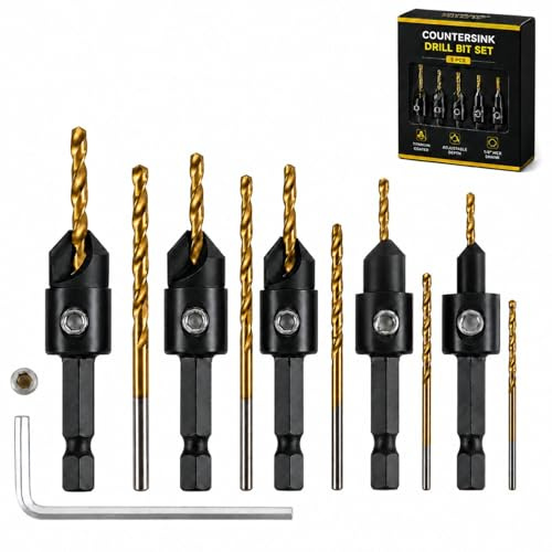 Pnrskter Countersink Drill Bit Set for Wood, Adjustable, 12 PCS | #4, #6, #8, #10, #12, Quick Change Hex Shank Bits, Spare Bits, Allen Key & Storage Box