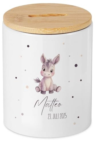 Personalisierte Spardose Esel Motivation für Kind, individuelles Sparschwein Baby, Geldgeschenk Geburt Taufe, Wunscherfüller Kinderzimmer Deko