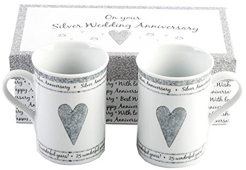 Happy Homewares Beautifully Designed 25th Silver Anniversary Mug Set with Matching Gift Box