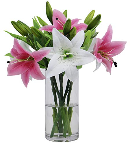Olrla 6 Fiore di Giglio Artificiale Bianco e Rosa, Giglio Finto a Stelo Corto per Bouquet da Sposa fai da te, Decorazione da tavolo per l'ufficio, Decorazione Floreale per il Bagno