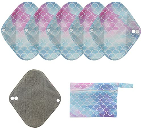 6er Pack wiederverwendbare Damenbinden mit Bambuskohle | Waschbare, wasserdichte, saugfähige Menstruationspads für starke Perioden | Bonus Aufbewahrungstasche (WSD100, Klein (Packung mit 6))