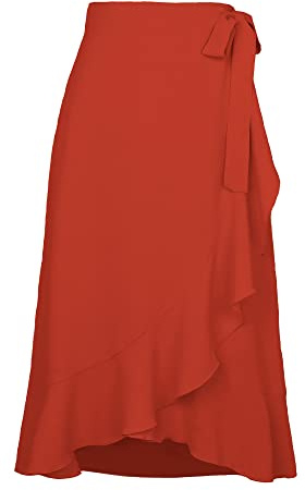 Daysskk Midi Skirts for Women UK Flowy Wrap Skirts for Women Boho Long Summer Skirts for Women Asymmetrical Beach Skirt Midi Length Red M