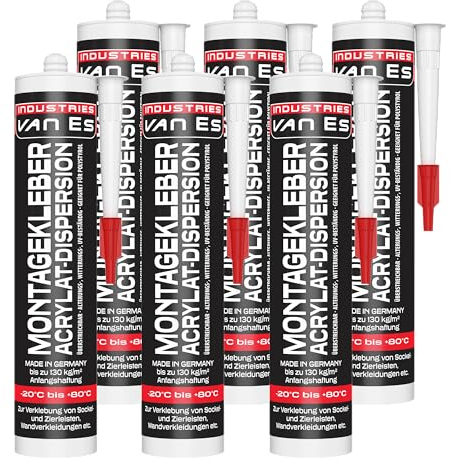 VE-INDUSTRIES Montagekleber weiß | 6x 310ml | Styroporkleber | Baukleber | Leistenkleber | Kleber für Kunststoff, Styropor, Holz, Sockelleisten