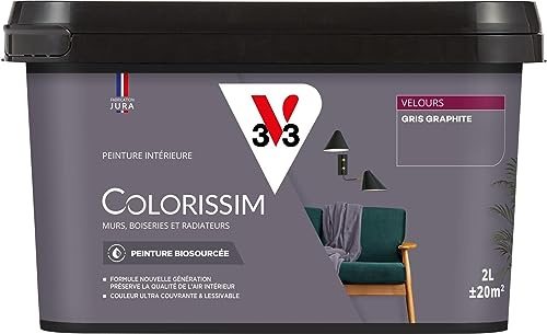 V33 Peinture multi-supports Colorissim® Gris graphite Velours 2L | Peinture Murs Boiseries Radiateurs, Couleur ultra couvrante et lessivable, Formule Biosourcée, Qualité de l'air intérieur