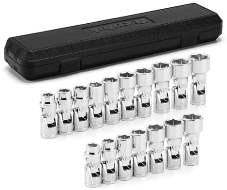 TecoTek 17-teiliges 3/8-Zoll-Antriebs-Universalgelenk-Steckschlüssel-Set, Schwenk-Steckschlüsselsatz, 6-kant, SAE (3/8 Zoll bis 3/4 Zoll) und metrisch (10 mm bis 19 mm), CR-V, Universal-Flex-Stecknuss