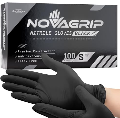 Novagrip JFA Medical Disposable Mechanic, Powder Free Latex Free Black Nitrile Gloves - Box of 100 (Small)