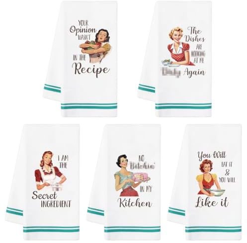 R HORSE 5Pcs Kitchen Dish Towel Funny Joked Themed Kitchen Dishcloth Absorbent Retro Sassy Lady Cleaning Dishcloth Bar Hilarious Hand Towel Gift for Hostess Mom Women Housewarming | Absorbent Retro Sassy Lady Cleaning Dishcloth Bar Hilarious Hand Towel Gift for Hostess Mom Women Housewarming