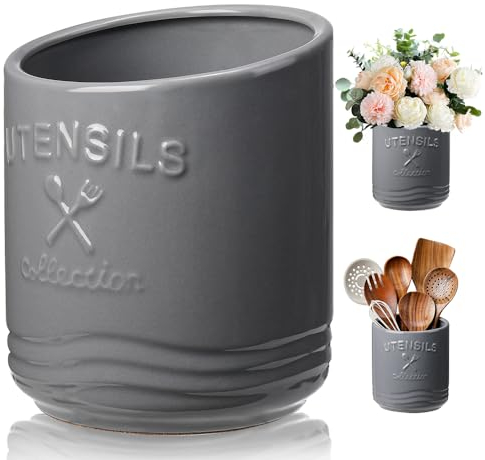 AISBUGUR Large Ceramic Utensil Holder 7.5 H×6.3 W with Slanted Mouth - Utensil Crock with Non-Slip Cork Base for Kitchen Counter, Ideal for Decor & Gift,Grey
