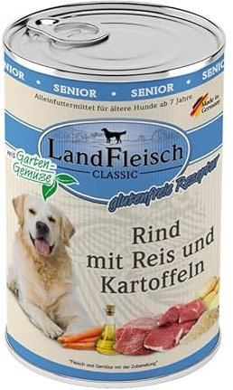 Landfleisch Classic Hundefutter Senior 6 x 400g | Rind, Reis und Kartoffeln | Mit hochwertigem Fleisch, Rapsöl (Omega-3 & 6), ohne Gluten, Zucker, GVO & Soja | Nassfutter für Hunde