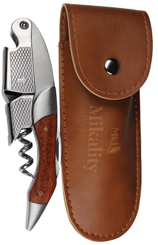 MIKALITY Abridor De Vino con funda, Sacacorchos Camarero, De Acero Inoxidable y Madera, Cuchilla, Abrebotellas, Accesorios De Vino profesional, Regalos, Cocina y Bar