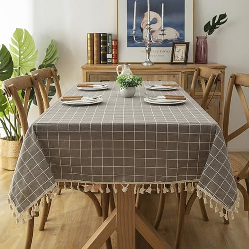 Homxi Tischdecke Abwaschbar Quadrat 120 W x 120 L cm,Gartentischdecke Grau Schachbrettmuster mit Quasten Baumwolle Tischdecke Fleckabweisend