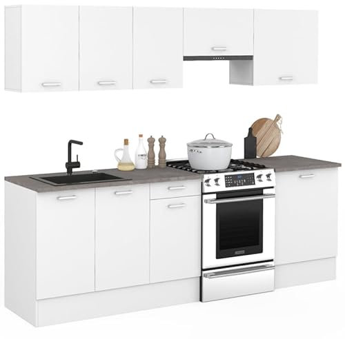 IDMarket - Komplette Küche, 240 cm, subtil mit Arbeitsplatte, 7 Elemente, Weiß und Platten in Betonoptik