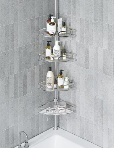 USHOWER Corner Shower Caddy Tension Pole, 4-Tier Aluminum Shower Shelves for Bathtub Shampoo Storage, 51-121 Inch Adjustable Shower Tension Rod Organizer, Silver