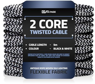 DC VOLTAGE 5m 2 Core Twisted Cable Flexible Wire Lamp Cord, 2 Conductor 16.4ft Fabric Covered Electrical Cable Antique Style Wiring Cloth Covered Braided DIY Lighting Electrical Cord (Black, White)
