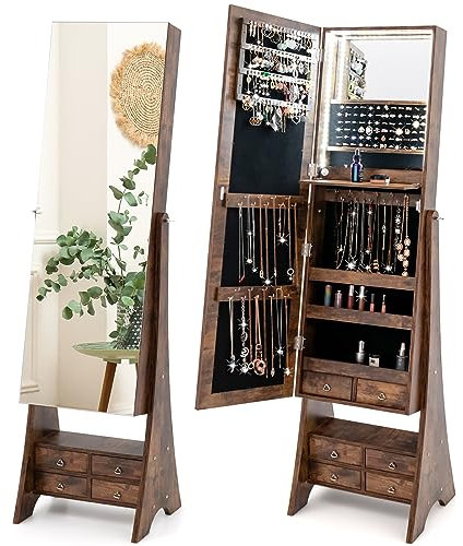 RELAX4LIFE Armoire à Bijoux sur Pied avec Miroir Pleine Longueur, 3 Angles d’Inclinaison, Miroir sur Pied avec Rangement, Verrouillage à Clé, Miroir Cosmétique, Tablette Pliable (Marron)