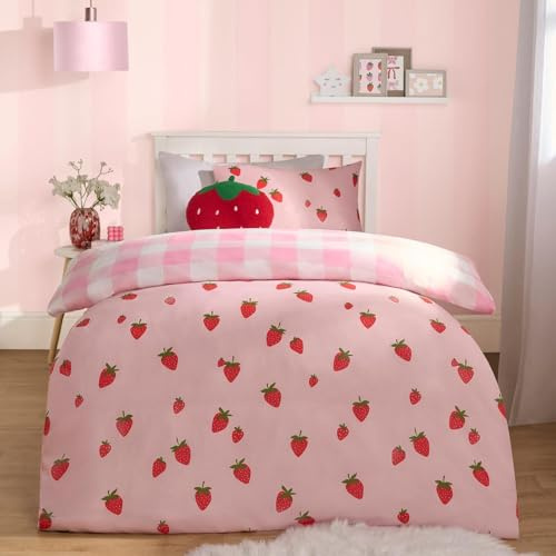 OHS Girls Single Duver Cover Set Strawberry Print, Kids Single Bedding Covers Bed Set with Pillowcases Super Soft Microfibre Gingham Check Luxury Decorative, Pink