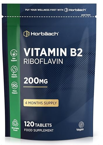 Vitamin B2 Riboflavin 200mg | 120 Vegan Tablets (4 Months Supply) | High Strength Supplement | No Artificial Preservatives | by Horbaach