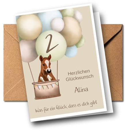 Personalisierte Kinder Glückwunschkarte zum 1. 2. 3. 4. 5. 6. 7. usw. Geburtstag, Karte Kindergeburtstag mit Name und Alter, Geburtstagskarte personalisierbar mit Tiermotiv (Pferd)