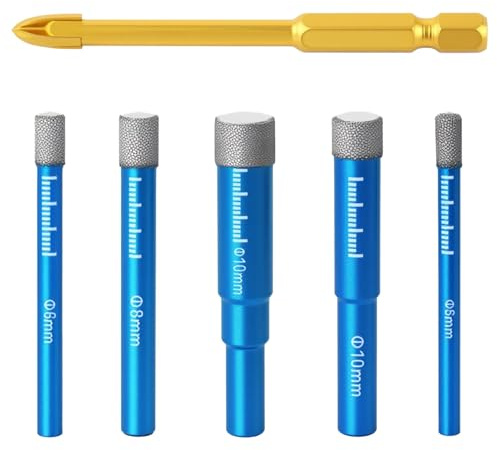 5 Pcs Dry Diamond Drill Bits Set 5, 6, 8, 10, 12 mm with 6mm Carbide Drill Bits for Masonry Granite Ceramic Tile Stone Marble Tile Stone Glass Hard Materials Electric Hand Drill Angle Grinder