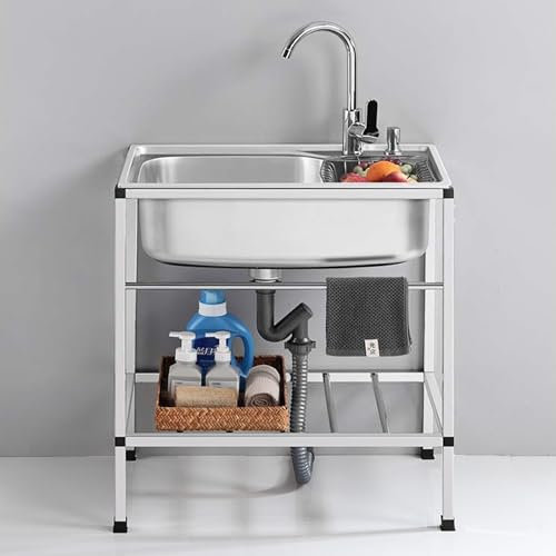 Lavello in Acciaio Inox con Tubi Dell'acqua Calda e Fredda e Froide e Rubinetto, Lavello da esterno mobile lavello da cucina con Scaffale di Stoccaggio per Lavanderia, Giardino, Garage