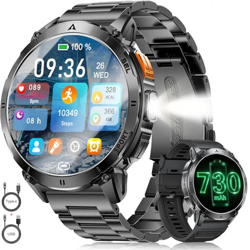 Smart Watch for Men 730mAh with Bluetooth Call, 1.62 AMOLED LED Flashlight Smartwatch, 110+ Sports Mode Fitness Tracker, SpO2/Blood Pressure/Heart Rate/Sleep Monitor for Android iOS