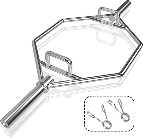 COSTWAY Trap Bar, 142 cm hantelstång med 2 fjäderlås och fällbart handtag, hex bar, 50 mm, fäste kan belastas upp till 363 kg, Olympic bar för knäböj, korslyft, silver