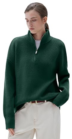SUUKSESS Women Cashmere Blend Oversized Quarter Zip Pullover Sweater Long Sleeve Collared Ribbed Knit Jumper Tops (Dark Green, L)