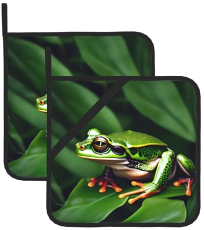 Set di presine resistenti al calore con stampa di foglie verdi con rana animale, set di presine per cucina e barbecue