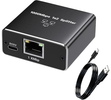Ethernet Splitter 1 to 2, 1000Mbps Ethernet Switch 2 port, High Speed RJ45 Network Switch LAN Internet Splitter with USB-C Power Cable for PC Laptop PS5 Xbox Router Modem TV, Dual Port Gigabit Adapter