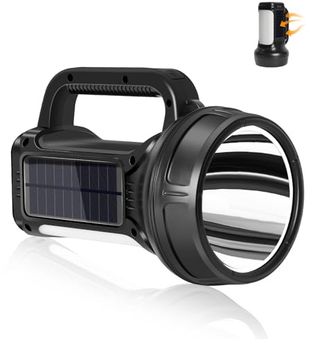 ERAY Linternas LED Alta Potencia con Panel Solar, 1500 Lumen, 6500mAh | 6 Modos, IPX4 Impermeable, Correa Incluido, Linterna LED Recargable Ideal para Camping, Ciclismo, Pesca, Emergencia
