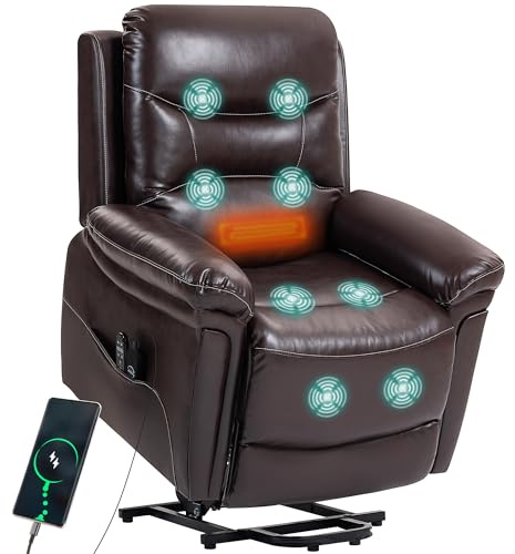 HOMCOM Power Lift Recliner Chair with Vibration Massage and Heat, PU Leather Lift Chair with USB Port, Side Pockets, Spring Cushion, Remotes, Riser and Reclining Armchair for Living Room, Brown