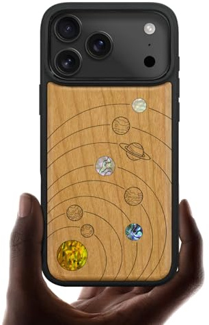 Carveit Magnetic Case for iPhone 17 Pro Max Case, Wood Artisan Engraved & Handmade Shell Inlaid, TPU Shockproof Cover, Compatible with MagSafe Wireless Chargers (Solar System-Cherry)