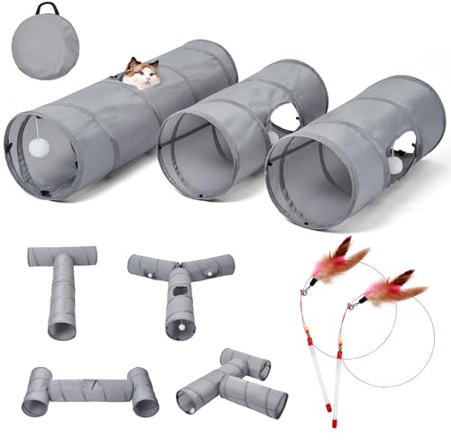 Túnel para gatos, 3 túneles rectos para mascotas, tubo de juguetes para gatos, 6 formas de bricolaje con juguetes de varita, tubos plegables resistentes a los arañazos para cachorros de interior