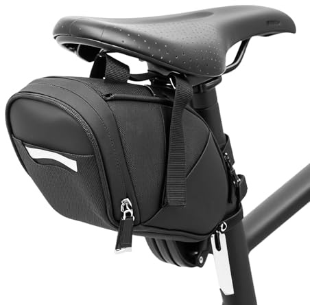 QWORK® Alforjas para Sillín de Bicicleta con Reflectantes, Bolsa Trasera Impermeable y Resistente, Capacidad de 1,5 L