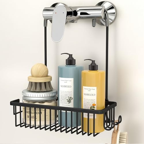 DIYGEEK Duschablage zum Hängen Ohne Bohren Schwarz | Duschkorb mit 2 Haken für Mischbatterie, Duschregal für Shampoo, Seife und Duschgel, 33x28,5x12,5cm