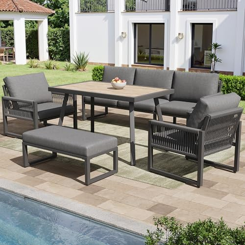 xixiworkshop Gartenmöbel Set für 5-6 Personen,Outdoor Sofa mit 2 Einzelsitzer-Sessel/1 Dreisitzer-Sofa/1 Sofabank/1 Tisch,für Garten, Terrasse und Balkon,Gewebtem Seil Gartengarnitur,Grau