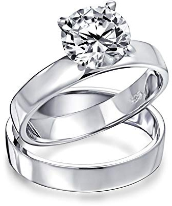 Personifiera klassisk enkel 2 karat kubisk zirkon rund solitär brett band Aaa Cz årsdag förlovningsring set för kvinnor. 925 sterlingsilver anpassningsbar, Kubisk zirkonia
