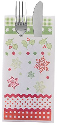 Sovie HORECA Weihnachts-Besteckserviette CHRISTMAS aus Linclass Airlaid, 40 x 40cm, 1/8 Falz, 100 Stück, Design mit Tannenbäumen, Sternen und Schneeflocken in Rot und Grün