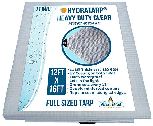 Watershed Innovations HydraTarp, UV Coated 11 Mil Thick Clear Greenhouse Tarp for Outdoor Camping, RV, Trucks and Trailers, 12 by 16 Feet