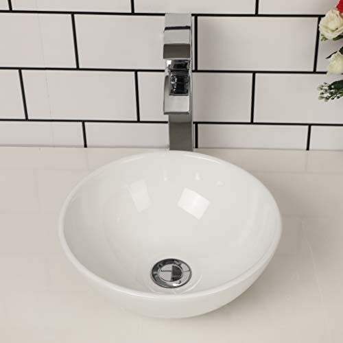 Kichae rundes Waschbecken für Badezimmer, 33 x 33 cm, modern, rund, oberhalb der Theke, weißes Porzellan-Keramikgefäß, Waschtisch, Kunstbecken