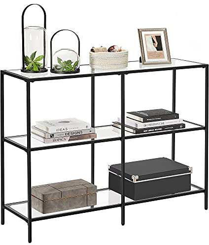 VASAGLE 39.4 Inch Console Table with 3 Shelves, Sofa Tables, Modern Entryway Table, Metal Frame, Tempered Glass Shelf, Entryway Living Room Bedroom, Classic Black and Transparent ULGT027B01