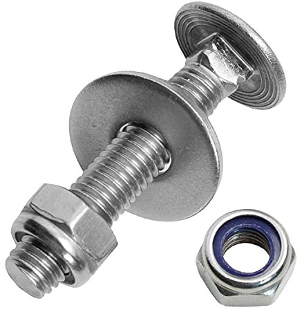 Schlossschrauben M8x50/50 mm mit Sicherungsmuttern & großen Unterlegscheiben M8 aus Edelstahl A2 (10 Stück) | Flachrundschrauben - selbstsichernde Sechskantmuttern - Beilagscheiben von MESAROS®