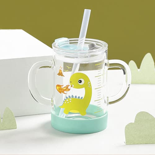 Kinder Glas Milchbecher Messbecher mit Silikonstroh Zwei Griffe Becher Versiegeltes Auslaufsicher Glasbecher Cartoon Baby Große Kapazität Trinkglas Hitzebeständig Kinderbecher Kreative Strohbecher
