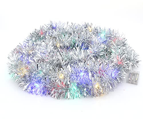 CCINEE Christmas Prelit Tinsel Garland, 33 Ft Silver Hanging Garland with 100 Multicolored Battery Operated LED String Lights for Christmas Tree Decorations Wedding Party Supplies